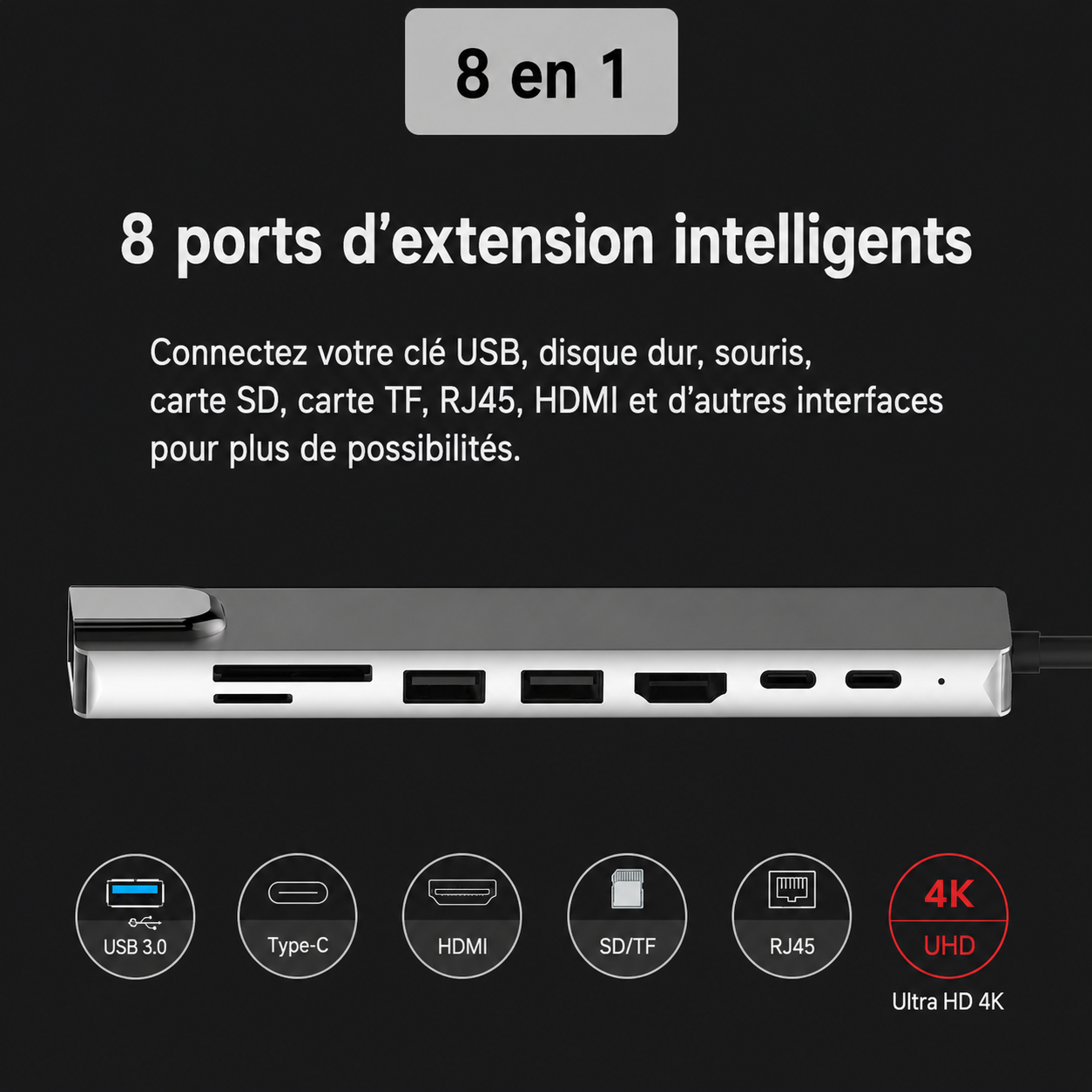 Hub USB-C 8-en-1 – Adaptateur Multiport pour MacBook & PC