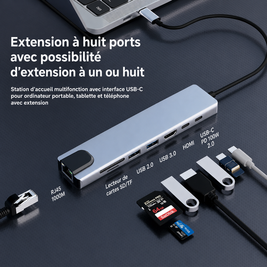 Hub USB-C 8-en-1 – Adaptateur Multiport pour MacBook & PC